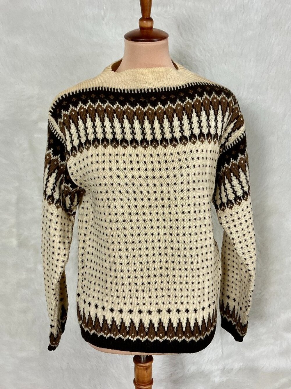Vintage 50s 60s Janus Of Norway Ivory Brown Nordic Long Sleeve Sweater M/L